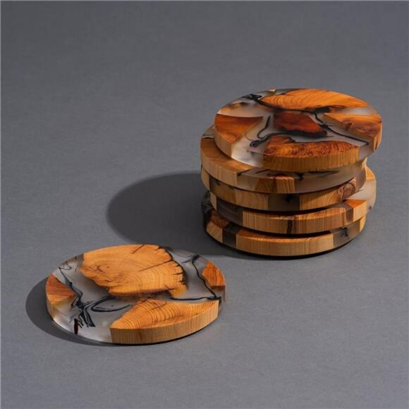 Wooden Resin Drink Coasters Set of 6 with Holder Absorbent Coffee Table Decor - Picture 2 of 7